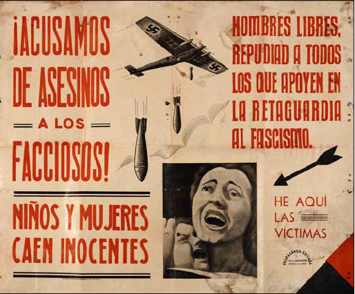 Обвиняем убийц детей и женщин! Республиканский плакат 1937, выпущенный после бомбардировки Герники