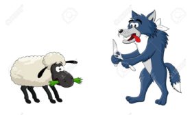 Hungry wolf and sheep. Vector illustration